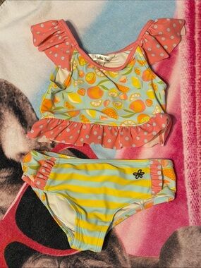 Matilda Jane Girls Citrus Ruffle Two-Piece Swim Set - Pink, Yellow, & Light Blue